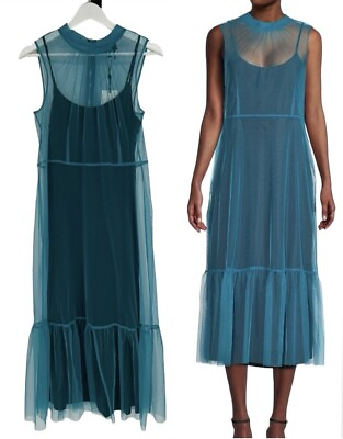 #ad DKNY Tulle Overlay Maxi Dress Size Small Aqua Black Tiered Hem Sleeveless NWT $42.36