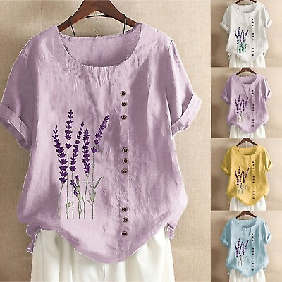 #ad Women Lavender Flowers Printed Shirt Summer Cotton And Linen Loose Casual Blouse $16.62