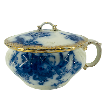 #ad Antique Hanley Floral Ceramic Gold Trim Blue amp; White Chamber Pot England UK RARE $69.99