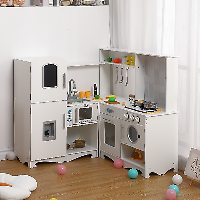 #ad Wooden Kitchen Kids Pretend Play Kitchen Playset with Light Sound Kitchen Gift $178.99