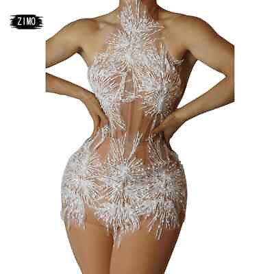#ad White two piece dress with sequined pearl mesh transparent party sexy clothing GBP 132.38