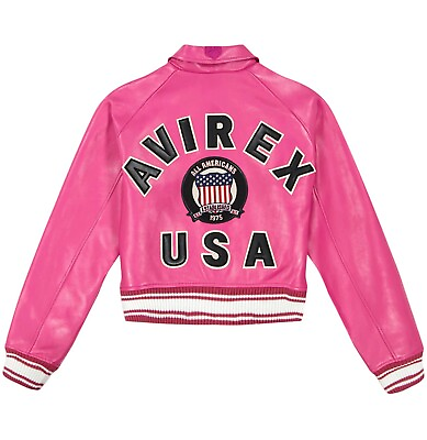 #ad Women#x27;s Avirex Pink Bomber American Cropped Icon Jacket Cowhide Leather Jacket $146.23