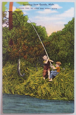 #ad Greetings From Oscoda Michigan Kids Landing Fish Linen Postcard 3547 $7.95