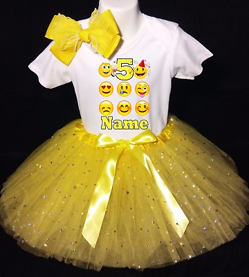 #ad Emojis 5th Fifth 5 Birthday ***With NAME*** Yellow Tutu Dress Fast Shipping $20.50
