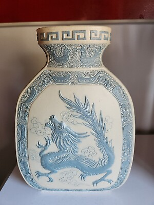 #ad Vintage BLUE CREAM Chinese 3 D DRAGON Vase MADE IN HONG KONG EXCELLENT COND. $40.00
