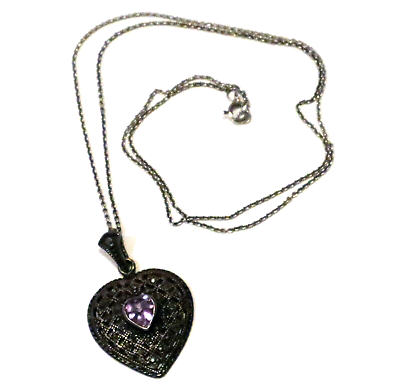 #ad Pretty Sterling Heart Necklace Amethyst and Marcasite Openwork Silver Pendant $85.00