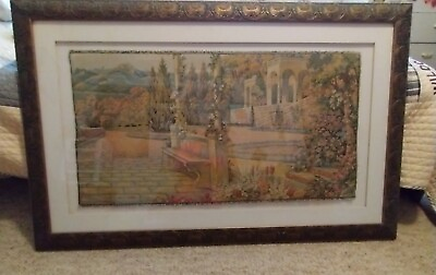 #ad EUROPEAN TAPESTRY LAKE COMO TERRACE FRAMED GLASSED PICTURE 48quot; X 30quot; $399.00