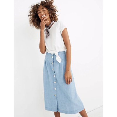 #ad MADEWELL light blue chambray Patio button front knee midi cotton skirt sz 4 $44.99