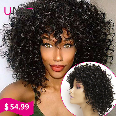 #ad UNice Wigs Bob Curly Human Hair Wigs with Bangs for Black Women 10quot; Glueless Wig $52.24
