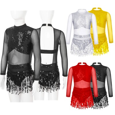 #ad Girls Leotard Ballroom Jumpsuit Competition Dancewear Sequin Dress Fringed Jazz $15.61
