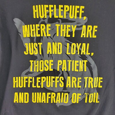 #ad Harry Potter Hogwarts Black Hufflepuff Size L Shirt Badger Just and Loyal Slogan $11.95