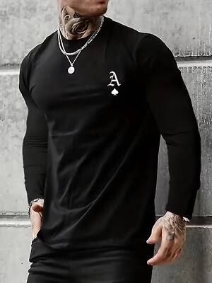 #ad T Shirt Royal Black A Ace of Spades Poker Solid Casual Fashion Men#x27;s Long Sleeve $21.86