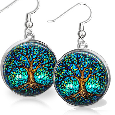 #ad Faux Stained Glass Art Print Blue Tree of Life Earrings Celtic Symbol Artisan $12.95