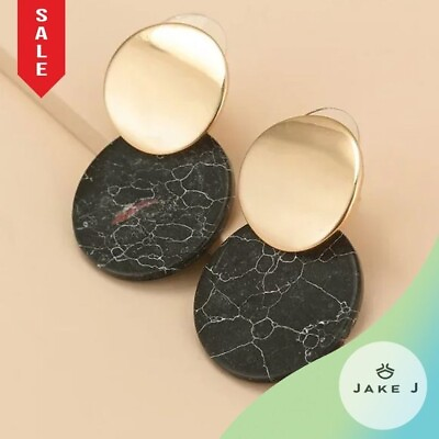 #ad Brand New Gold Marble Black White Pattern Contemporary Design Earrings $9.80