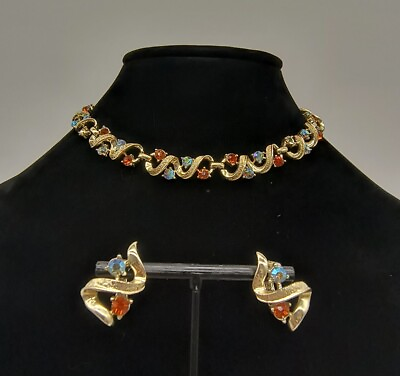 #ad Vintage Coro Colorful AB Rhinestone Adjustable Necklace Clip On Earrings Set $38.00
