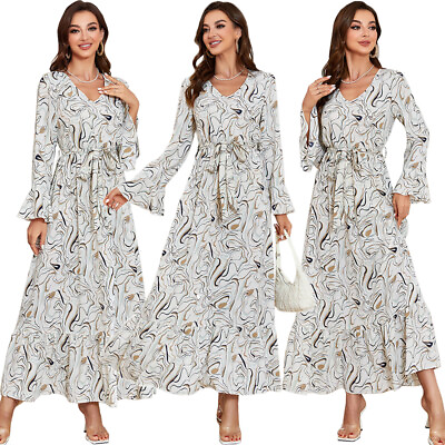 #ad Dubai Floral Women Maxi Dress Muslim Abaya Kaftan Casual Long Sleeve Turkey Robe C $38.40