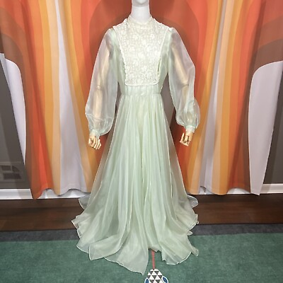#ad Vintage Nadine Gown Women Small Medium Green Lace Sheer Floor Length 1960s Dress $129.95