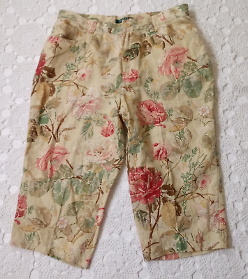 #ad Ralph Lauren Crop Pants 100% Linen Floral Pink Ivory Capri Pedal Pusher 10 Women $24.99