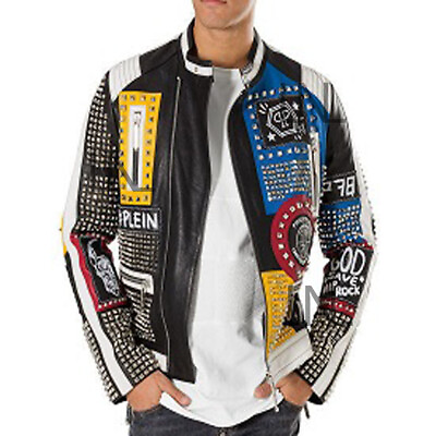 #ad Men#x27;s Classic Multi Color Embroidered Patches Full Studded Real Leather Jacket $272.38