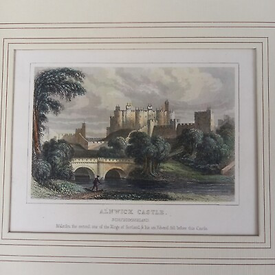 #ad Coloured Print of Alnwick Castle Northumberland 22cm x 19cm 19th Century GBP 11.99