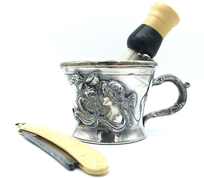 #ad Art Nouveau Derby Silver Co. Cup Shaving Set Straight Razor amp; Brush $305.00