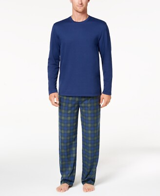 #ad $65 Club Room Men#x27;s Blue Crew Neck Long Sleeve Pajama PJ Sleep T Shirt Size XL $35.93