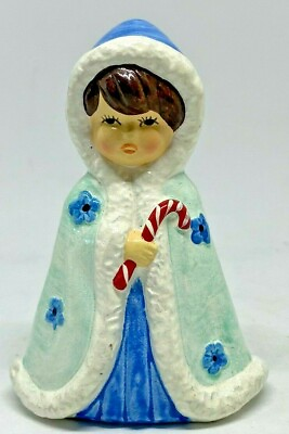 #ad #ad VINTAGE CHRISTMAS GIRL FIGURINE WEARING A BLUE CLOAK HOLDING A CANDY CANE MCM $19.99