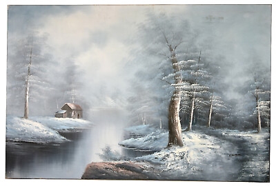 #ad 36quot; Vintage Oil Painting Canvas Signed Ken Bowman Winter Forest Cottage Art $79.99