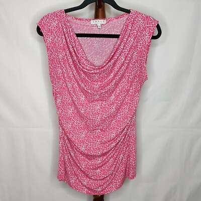 #ad Chaus New York women#x27;s size M tank top pink white print scoop neck gathered $19.95