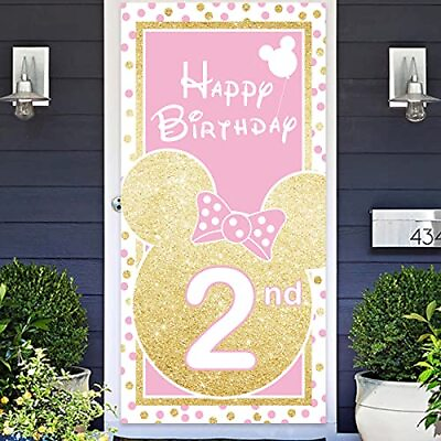 #ad Cartoon Golden Pink Mouse Happy 2nd Birthday Banner Backdrop Background Suppl... $15.79