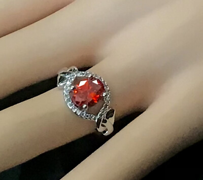 #ad Vtg Ring Size 8 Silvertone Sparkly Faceted Red Crystal Stone $9.50