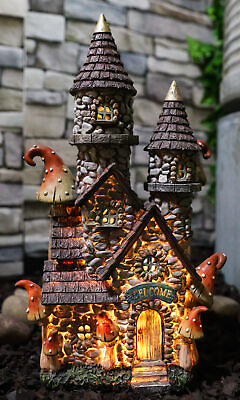 #ad Fairy Garden LED Light Up Castle Stone House With Tall Tower Roofs Figurine $40.99