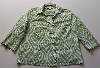 #ad JM Collection Button Up Shirt Women’s 12P 12 Petite White Green ¾ Sleeve Linen $15.29