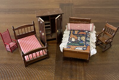 #ad Miniature Wooden Doll House Furniture Bedroom Set Wardrobe 2 Beds 2 Chairs 1:12 $28.46
