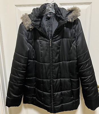 #ad Style amp; Co Black Women’s Faux Fur Trim Hooded Polyester Zip Winter Coat L $29.00