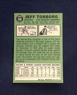 #ad 1967 # 398 Jeff Torborg Dodgers NR MT Free Shipping Topps $9.99