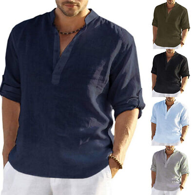 #ad Dress Shirt Tops Linen Shirt Blouse Men Long Sleeve Solid Loose Casual Summer $15.99
