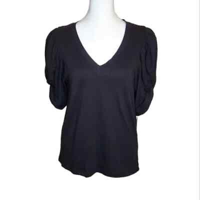 #ad NEW 7 For All Mankind Black Puff Sleeve V Neck Top S $27.99