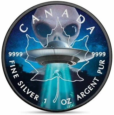 #ad 2018 1 Oz Silver $5 Canada Glow In The Dark ALIEN N UFO LEAF Ruthenium Coin. $219.95