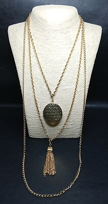 #ad Vintage EMMON Interchangeable Chains Necklace Photo Locket Tassel Pendents. 9019 $23.99