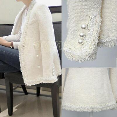 #ad Women Ladies Fashion Tweed Wool Blend Blazer Jacket Slim Fit Outwear Pearl Coat $67.89