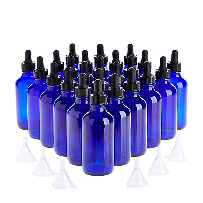 #ad 24 Count 4 oz Blue Glass Dropper Bottles amp; 6 Funnels for Essential Oils 120 ml $34.79