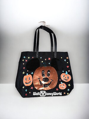 #ad Disney Parks Halloween Mickey Mouse Pumpkin Sequin Tote 17”x14” NWT $24.58