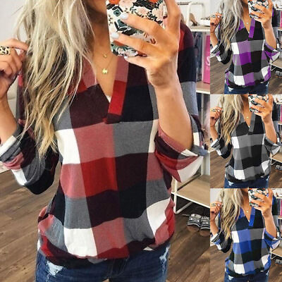 #ad Women Plaid Check V Neck Blouse Shirt Ladies Long Sleeve Casual Baggy Loose Tops $14.34