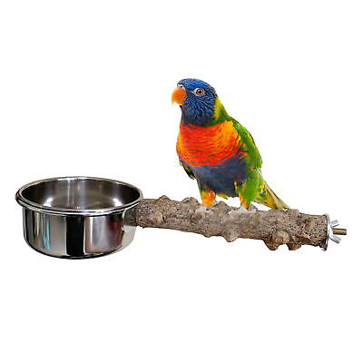 #ad Wooden Round Parrot Bird Perch Stand With Food Bowl Stainless Steel Hanging Bowl $14.57