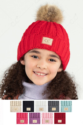 #ad C.C Exclusive Kids Solid Color Ribbed Knit Winter Warm Soft Pom Beanie Hat $19.99