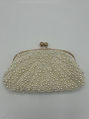 #ad Cream pearl beaded clutch handbag with detachable chain $39.99