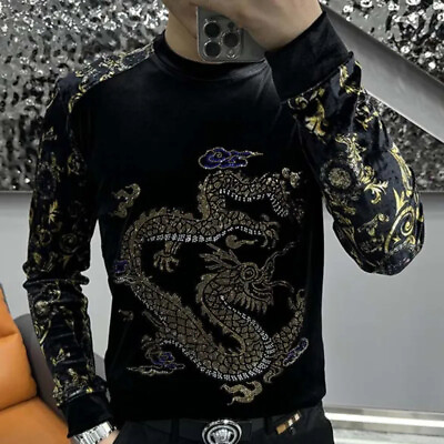 #ad New Men Luxury Diamond Dragon Rhinestones Fashion Black Pullover High Quality $65.90