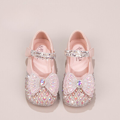 #ad Princess Girl Glitter Crystal Shoes Rhinestone Diamond Bow Soft Sole Party Shoes $29.29