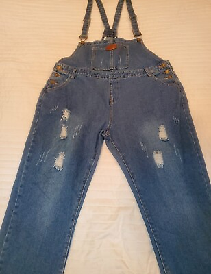 #ad NWOT Denim Jean Oversize Distressed Dungarees Overalls Jumpsuit Size XL $23.99